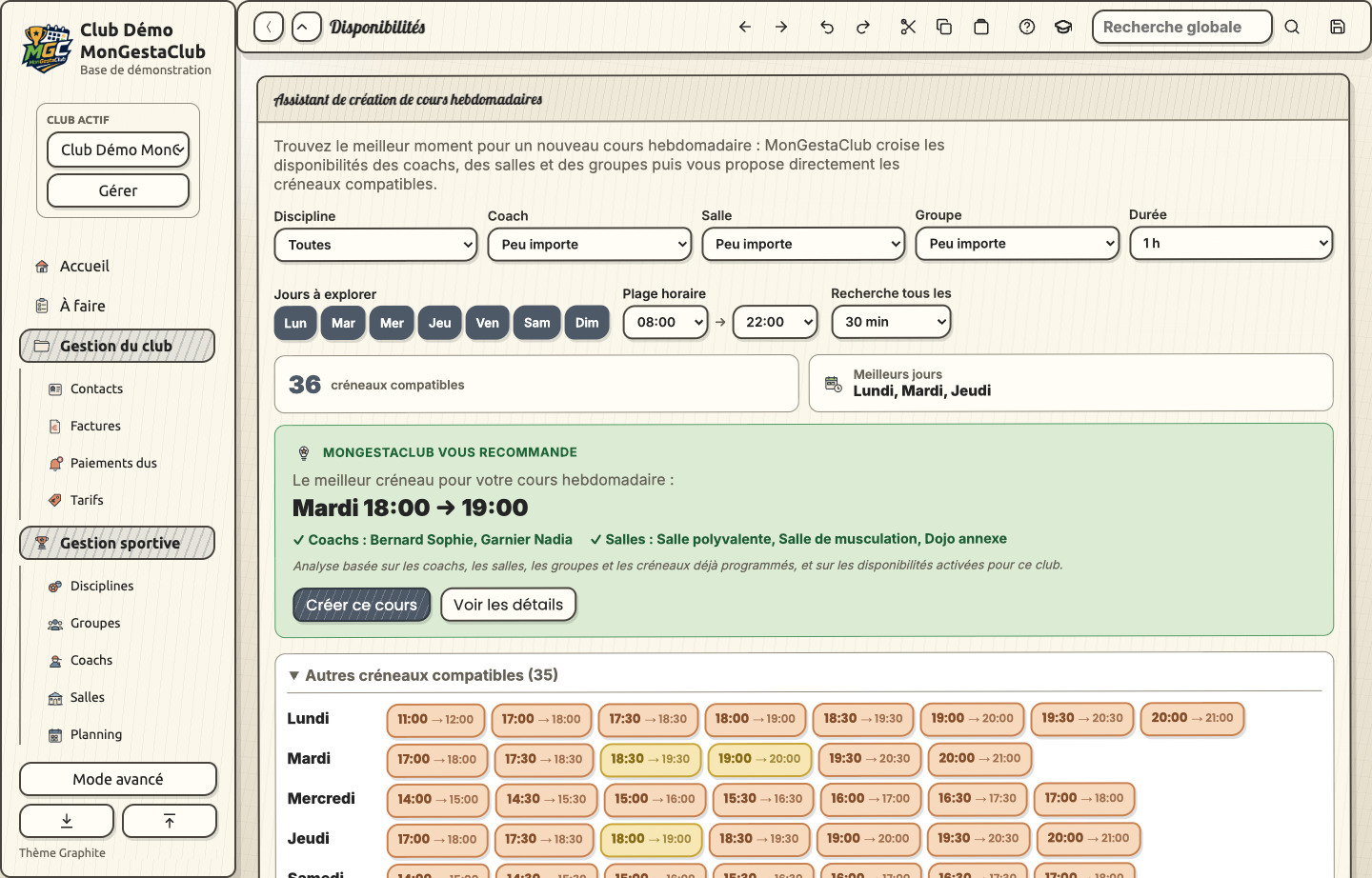 Centre des disponibilités : recherche de créneaux compatibles